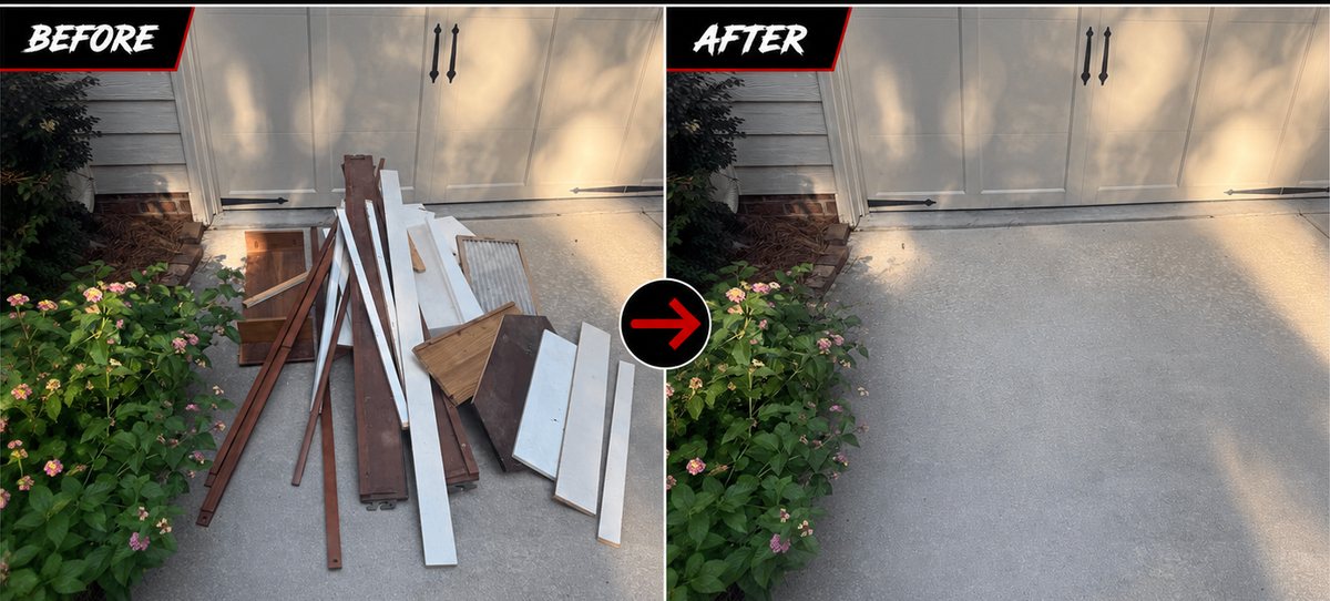 Before and after: a driveway stacked with old lumber and building materials cleared off