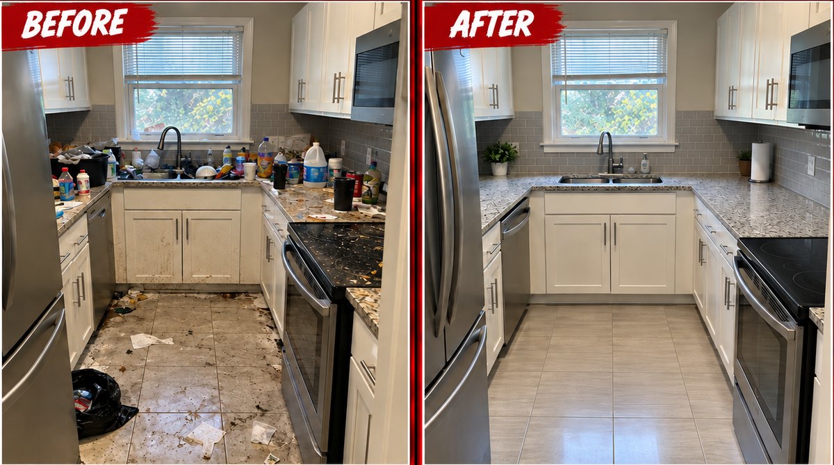 Before and after: a kitchen cleared of trash and clutter then deep cleaned to move-in ready