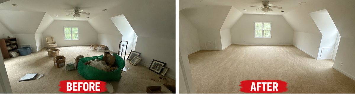 Before and after: a cluttered bonus room cleared of boxes and bags and left broom-swept during a property cleanout