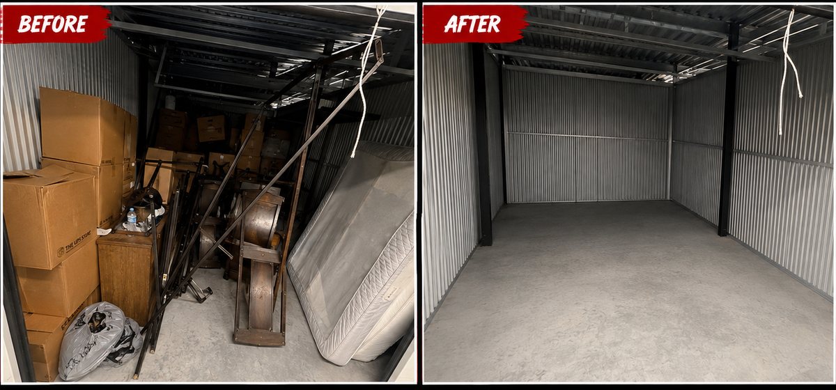 Before and after: a storage unit packed with boxes, furniture and a mattress emptied to bare floor