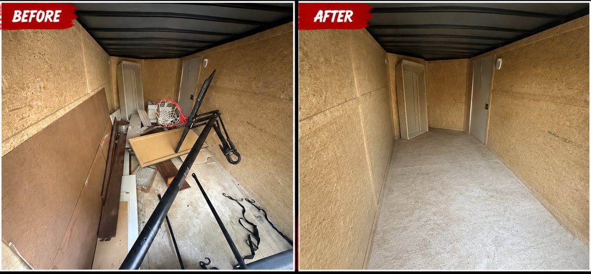 Before and after: a storage unit emptied of junk and swept out