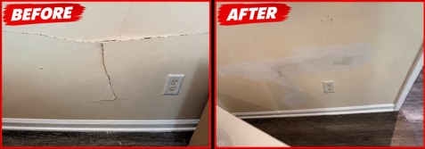 Before and after: a cracked interior wall patched smooth above the baseboard