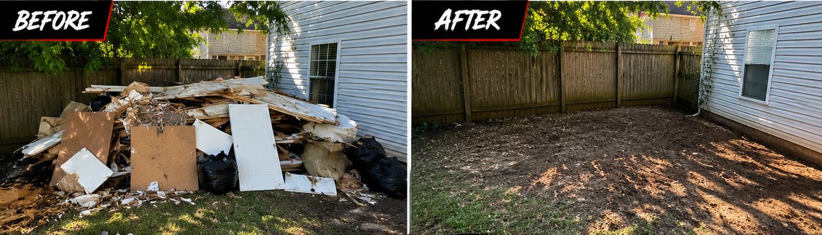 Before and after: a backyard pile of drywall, doors and building debris hauled away and the yard left clear