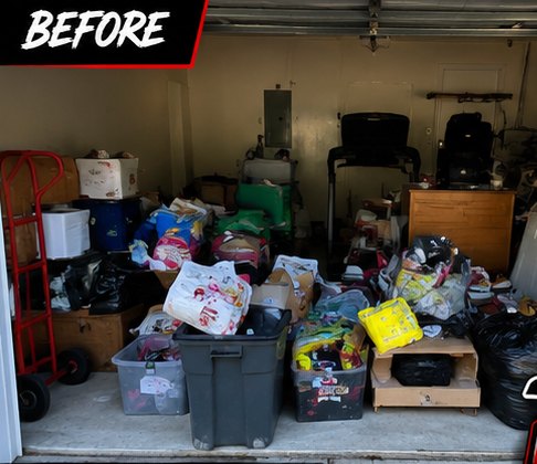 Packed garage before a compassionate hoarding cleanout